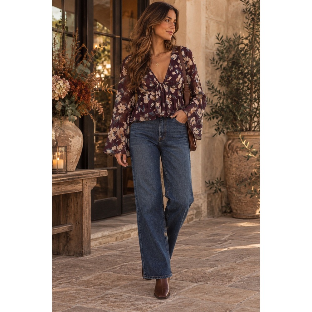 Abercrombie & Fitch Floral Peplum Blouse Maroon Bell Sleeve Boho M